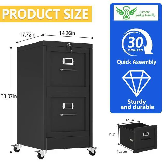 Alt view image 3 of 7 - 2 Drawer Mobile File Cabinet with Wheels, Locked Under Desk Cabinet | Metal Filing Cabints with Lock, Black Rolling File Cabinet for Home Office, Fits Letter/Legal/A4 Size