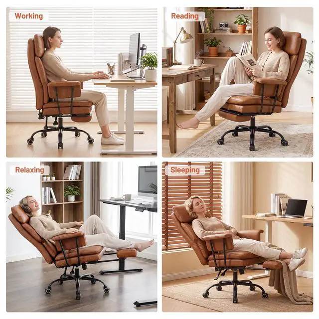 Alt view image 7 of 7 - Big and Tall Office Chair, PU Leather High Back Executive Office Chair with Adjustable Lumbar Support, Gaming Chair with Padded Arm and Pillow, Height Adjustment, Footrest, Brown