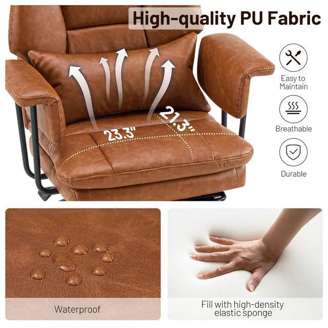Alt view image 6 of 7 - Big and Tall Office Chair, PU Leather High Back Executive Office Chair with Adjustable Lumbar Support, Gaming Chair with Padded Arm and Pillow, Height Adjustment, Footrest, Brown