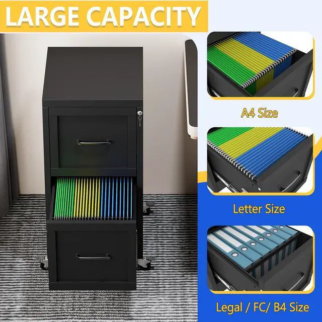 Alt view image 5 of 7 - 2 Drawer Mobile File Cabinet with Wheels, Locked Under Desk Cabinet | Metal Filing Cabints with Lock, Black Rolling File Cabinet for Home Office, Fits Letter/Legal/A4 Size