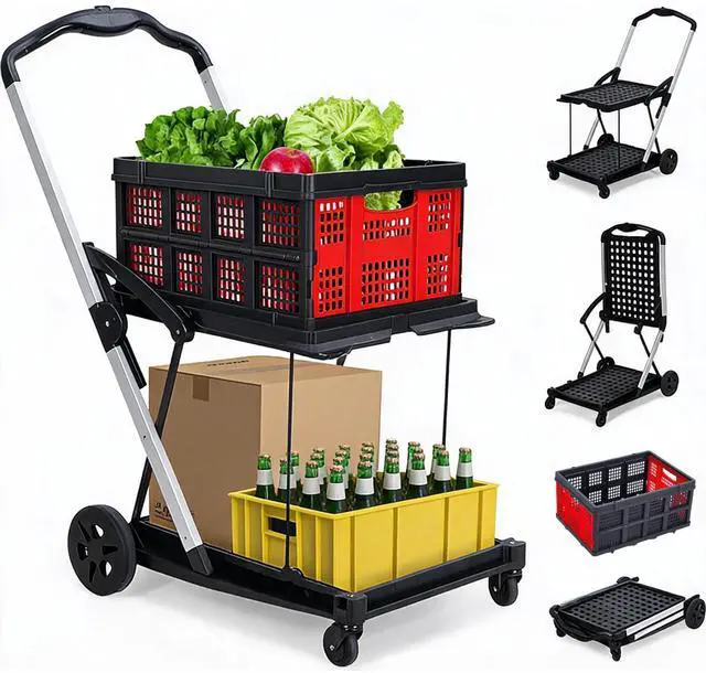 Main image of Heavy Duty 2-Tier Collapsible Garden Cart Lightweight Aluminum Frame 360° Swivel Wheels Removable Crate for Groceries, Office, Apartment, Travel 198 lbs Capacity, Red