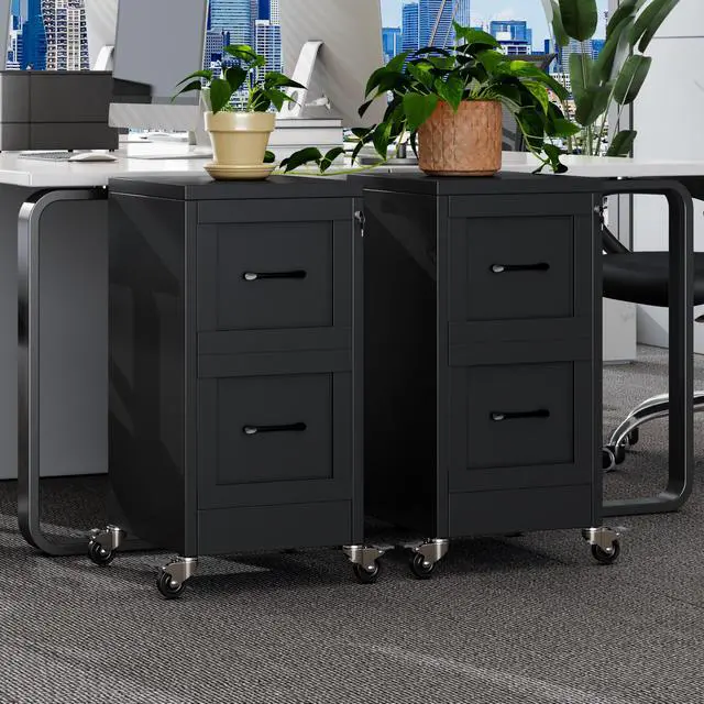 Alt view image 2 of 7 - 2 Drawer Mobile File Cabinet with Wheels, Locked Under Desk Cabinet | Metal Filing Cabints with Lock, Black Rolling File Cabinet for Home Office, Fits Letter/Legal/A4 Size