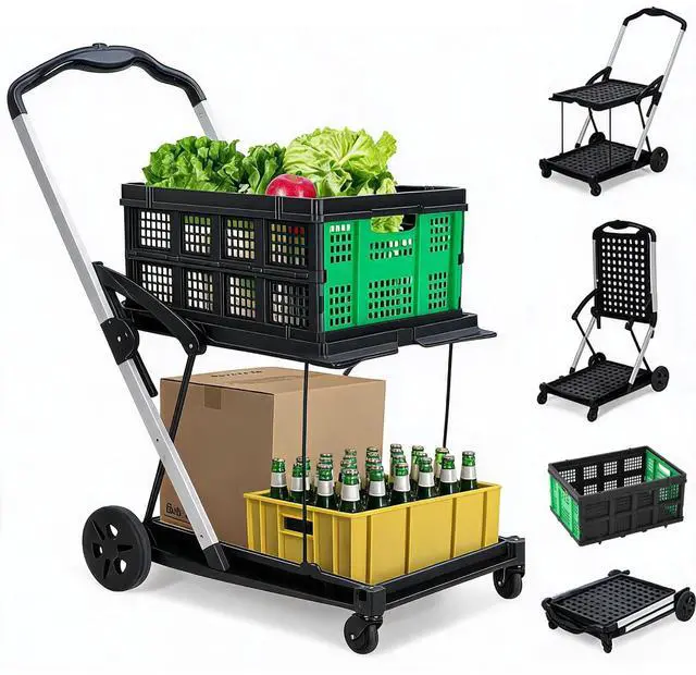 Main image of Heavy Duty 2-Tier Collapsible Garden Cart Lightweight Aluminum Frame 360° Swivel Wheels Removable Crate for Market, Home, Supermarket 198 lbs Capacity, Green