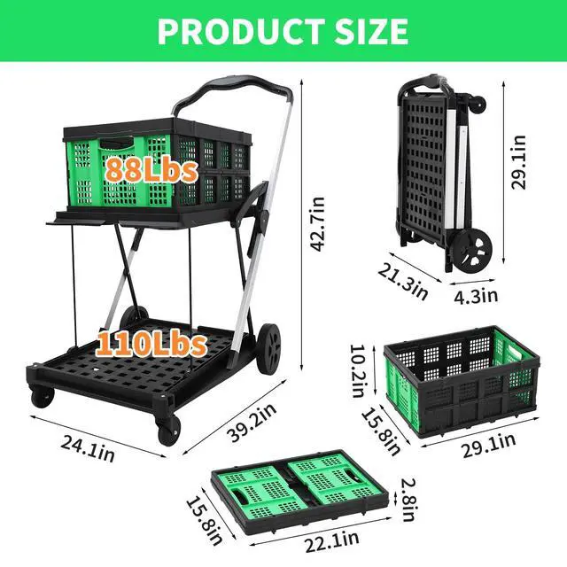 Alt view image 2 of 7 - Heavy Duty 2-Tier Collapsible Garden Cart Lightweight Aluminum Frame 360° Swivel Wheels Removable Crate for Market, Home, Supermarket 198 lbs Capacity, Green