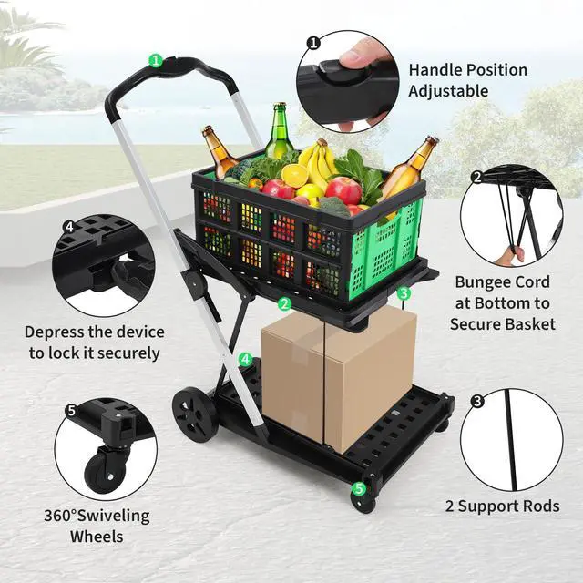Alt view image 3 of 7 - Heavy Duty 2-Tier Collapsible Garden Cart Lightweight Aluminum Frame 360° Swivel Wheels Removable Crate for Market, Home, Supermarket 198 lbs Capacity, Green