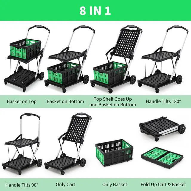 Alt view image 4 of 7 - Heavy Duty 2-Tier Collapsible Garden Cart Lightweight Aluminum Frame 360° Swivel Wheels Removable Crate for Market, Home, Supermarket 198 lbs Capacity, Green