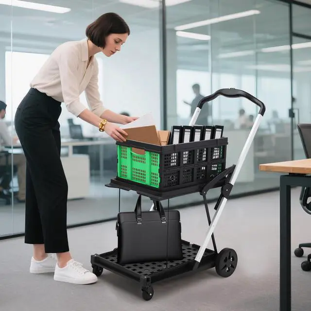 Alt view image 5 of 7 - Heavy Duty 2-Tier Collapsible Garden Cart Lightweight Aluminum Frame 360° Swivel Wheels Removable Crate for Market, Home, Supermarket 198 lbs Capacity, Green
