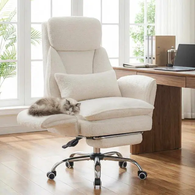 Main image of Criss Cross Office Chair with Armrests & Wheels, Big and Tall Office Chair with Footrest, Flip Armrests for Pets, Wide Seat Cross Legged Desk Chair, Ergonomic Computer Chair, Teddy, White