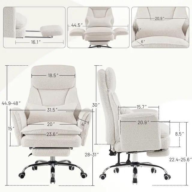 Alt view image 2 of 7 - Criss Cross Office Chair with Armrests & Wheels, Big and Tall Office Chair with Footrest, Flip Armrests for Pets, Wide Seat Cross Legged Desk Chair, Ergonomic Computer Chair, Teddy, White
