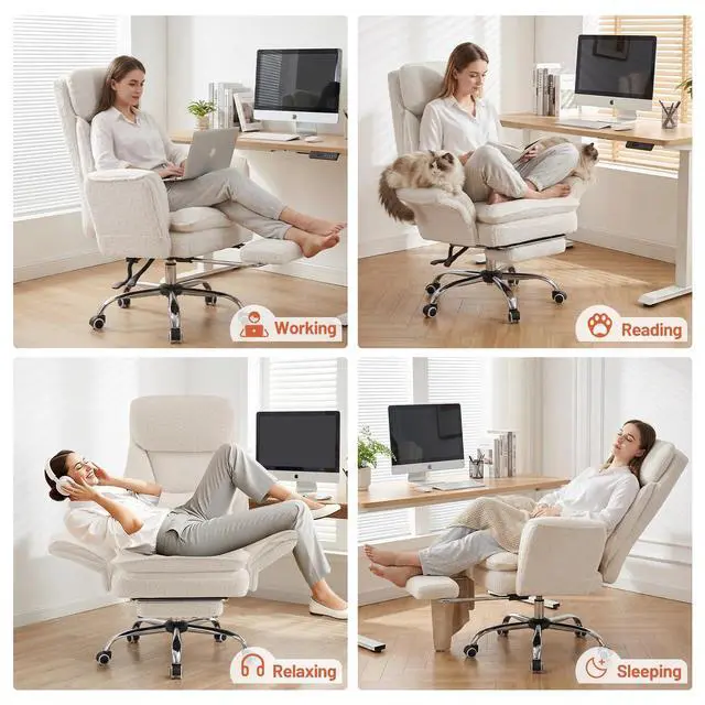 Alt view image 3 of 7 - Criss Cross Office Chair with Armrests & Wheels, Big and Tall Office Chair with Footrest, Flip Armrests for Pets, Wide Seat Cross Legged Desk Chair, Ergonomic Computer Chair, Teddy, White