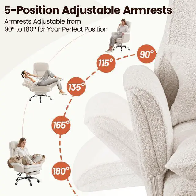 Alt view image 5 of 7 - Criss Cross Office Chair with Armrests & Wheels, Big and Tall Office Chair with Footrest, Flip Armrests for Pets, Wide Seat Cross Legged Desk Chair, Ergonomic Computer Chair, Teddy, White