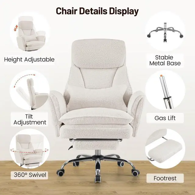 Alt view image 6 of 7 - Criss Cross Office Chair with Armrests & Wheels, Big and Tall Office Chair with Footrest, Flip Armrests for Pets, Wide Seat Cross Legged Desk Chair, Ergonomic Computer Chair, Teddy, White