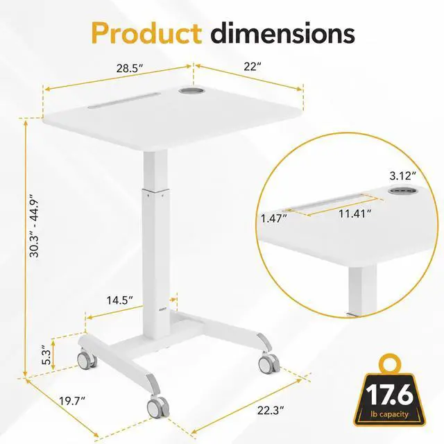 Alt view image 3 of 7 - Laptop Cart Rolling Desk Adjustable Height with 28.5" x 22" Tabletop, Ergonomic Sit-Stand Workstation on Wheels Portable for Home Office, Dorm, Classroom, White