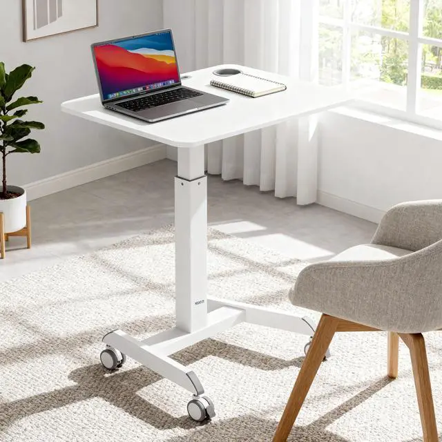 Alt view image 2 of 7 - Laptop Cart Rolling Desk Adjustable Height with 28.5" x 22" Tabletop, Ergonomic Sit-Stand Workstation on Wheels Portable for Home Office, Dorm, Classroom, White
