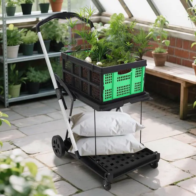 Alt view image 6 of 7 - Heavy Duty 2-Tier Collapsible Garden Cart Lightweight Aluminum Frame 360° Swivel Wheels Removable Crate for Market, Home, Supermarket 198 lbs Capacity, Green