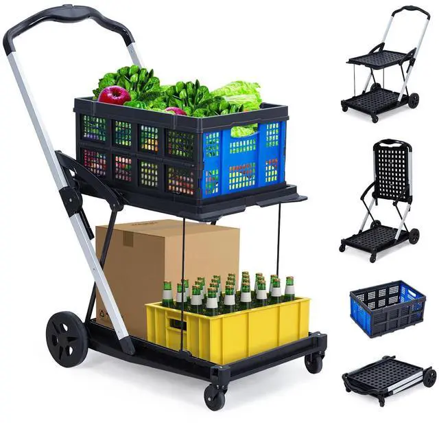 Main image of Heavy Duty 2-Tier Collapsible Garden Cart Lightweight Aluminum-PP Frame 360° Swivel Wheels Removable Crate for Market, Office, Travel, Home 198 lbs Capacity, Blue