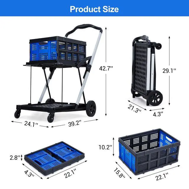 Alt view image 2 of 7 - Heavy Duty 2-Tier Collapsible Garden Cart Lightweight Aluminum-PP Frame 360° Swivel Wheels Removable Crate for Market, Office, Travel, Home 198 lbs Capacity, Blue