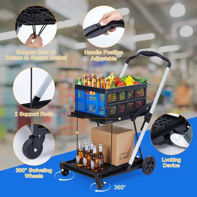 Alt view image 4 of 7 - Heavy Duty 2-Tier Collapsible Garden Cart Lightweight Aluminum-PP Frame 360° Swivel Wheels Removable Crate for Market, Office, Travel, Home 198 lbs Capacity, Blue