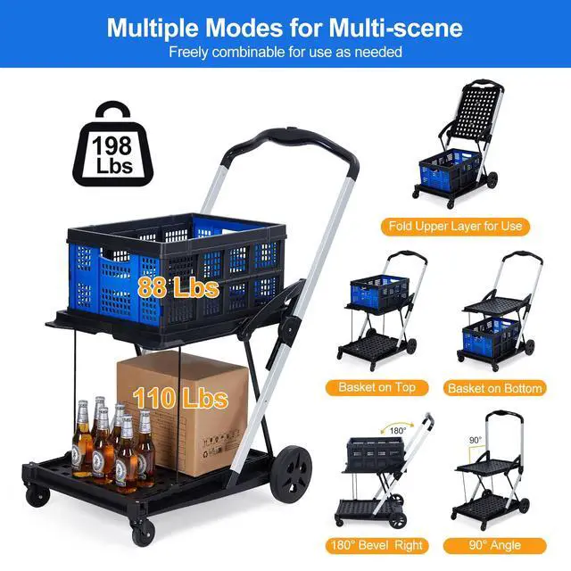 Alt view image 7 of 7 - Heavy Duty 2-Tier Collapsible Garden Cart Lightweight Aluminum-PP Frame 360° Swivel Wheels Removable Crate for Market, Office, Travel, Home 198 lbs Capacity, Blue