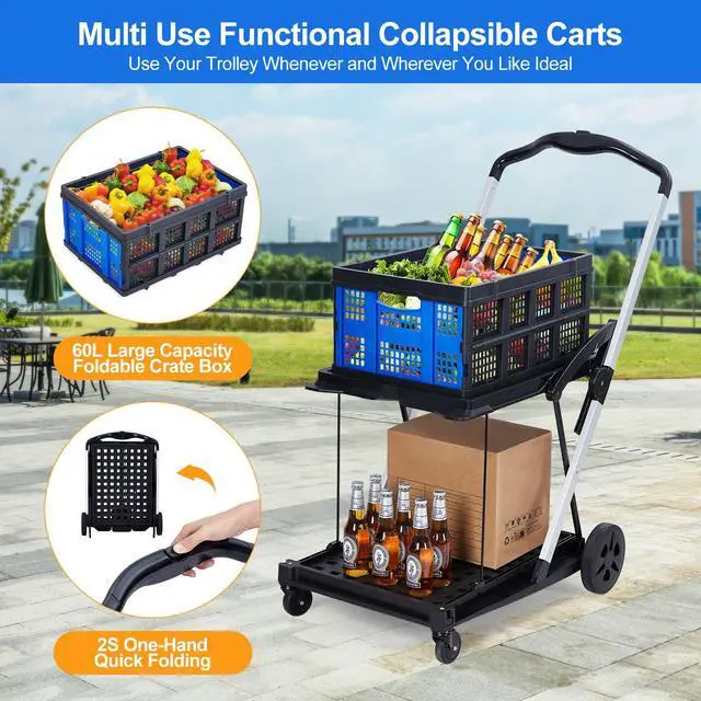 Alt view image 6 of 7 - Heavy Duty 2-Tier Collapsible Garden Cart Lightweight Aluminum-PP Frame 360° Swivel Wheels Removable Crate for Market, Office, Travel, Home 198 lbs Capacity, Blue