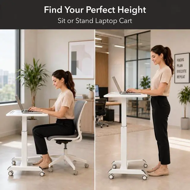 Alt view image 4 of 7 - Laptop Cart Rolling Desk Adjustable Height with 28.5" x 22" Tabletop, Ergonomic Sit-Stand Workstation on Wheels Portable for Home Office, Dorm, Classroom, White