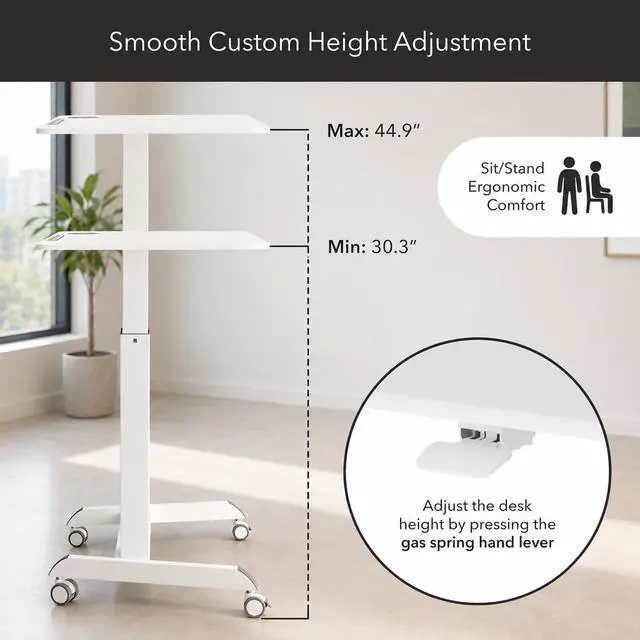 Alt view image 6 of 7 - Laptop Cart Rolling Desk Adjustable Height with 28.5" x 22" Tabletop, Ergonomic Sit-Stand Workstation on Wheels Portable for Home Office, Dorm, Classroom, White