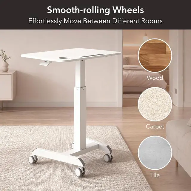 Alt view image 5 of 7 - Laptop Cart Rolling Desk Adjustable Height with 28.5" x 22" Tabletop, Ergonomic Sit-Stand Workstation on Wheels Portable for Home Office, Dorm, Classroom, White