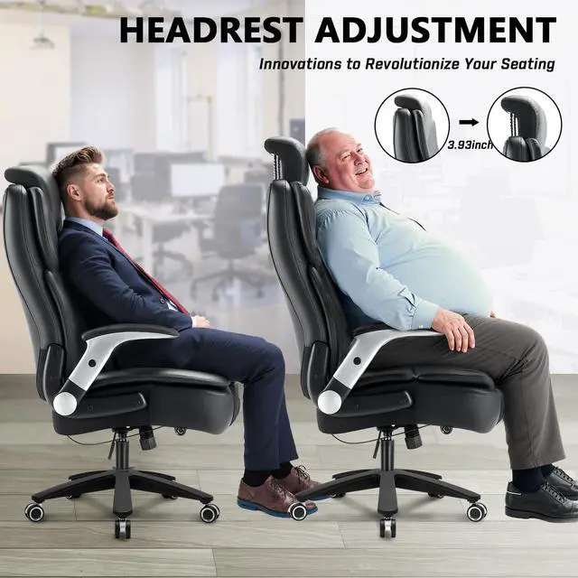 Alt view image 4 of 7 - 600lbs Big and Tall Office Chair for Heavy People,Heavy Duty Comfy Executive Office Desk Chair with Adjustable Lumbar Support,High Back Reclining PU Leather Computer Chair,Metal Base (Classic, Black1)