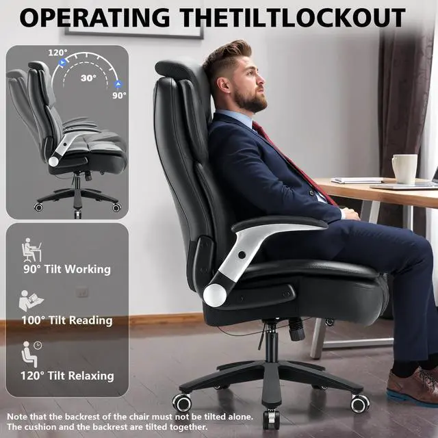 Alt view image 6 of 7 - 600lbs Big and Tall Office Chair for Heavy People,Heavy Duty Comfy Executive Office Desk Chair with Adjustable Lumbar Support,High Back Reclining PU Leather Computer Chair,Metal Base (Classic, Black1)