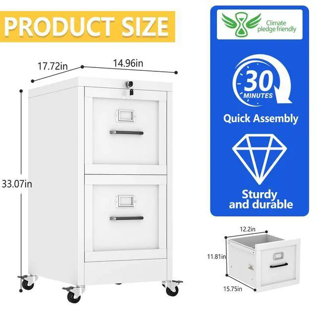 Alt view image 3 of 7 - 2 Drawer Mobile File Cabinet with Wheels, Locked Under Desk Cabinet | Metal Filing Cabints with Lock, White Rolling File Cabinet for Home Office, Fits Letter/Legal/A4 Size