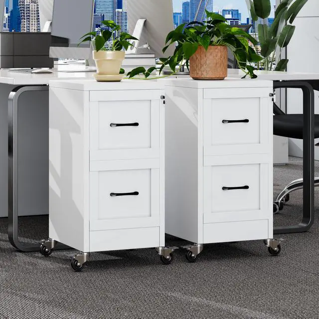 Alt view image 2 of 7 - 2 Drawer Mobile File Cabinet with Wheels, Locked Under Desk Cabinet | Metal Filing Cabints with Lock, White Rolling File Cabinet for Home Office, Fits Letter/Legal/A4 Size