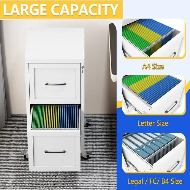 Alt view image 4 of 7 - 2 Drawer Mobile File Cabinet with Wheels, Locked Under Desk Cabinet | Metal Filing Cabints with Lock, White Rolling File Cabinet for Home Office, Fits Letter/Legal/A4 Size