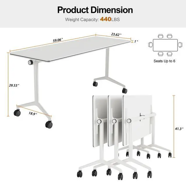 Alt view image 2 of 7 - Folding Conference Room Tables, Modern Flip Top Training Table with Locking Wheels, Mobile Meeting Desk for Office, Seminar, Classroom and Meeting Room, White