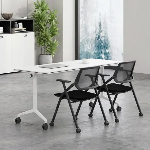 Alt view image 3 of 7 - Folding Conference Room Tables, Modern Flip Top Training Table with Locking Wheels, Mobile Meeting Desk for Office, Seminar, Classroom and Meeting Room, White