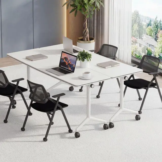 Alt view image 4 of 7 - Folding Conference Room Tables, Modern Flip Top Training Table with Locking Wheels, Mobile Meeting Desk for Office, Seminar, Classroom and Meeting Room, White
