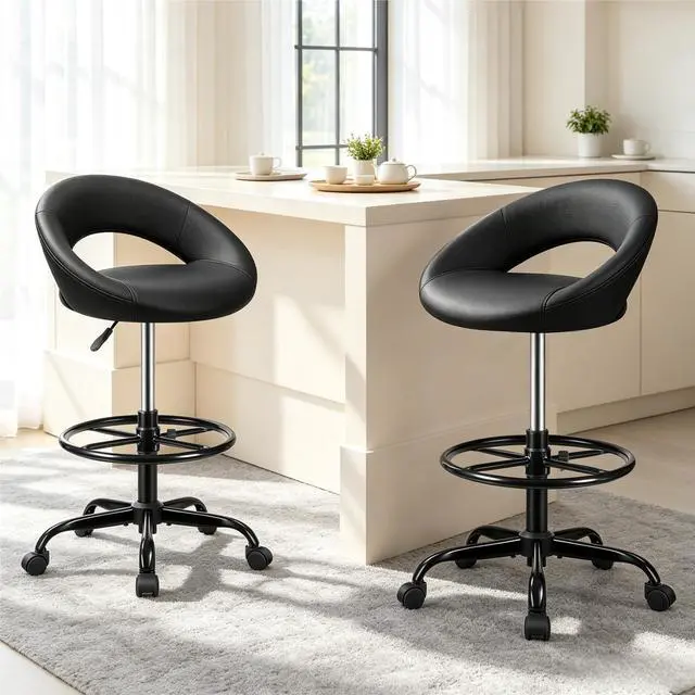 Main image of Ergonomic Drafting Chair for Standing Desk Black, 2 Pack | Height Adjustable Tall Rolling Stool with Foot Rest, Back Support & PU Leather, Home Office Kitchen Counter Salon
