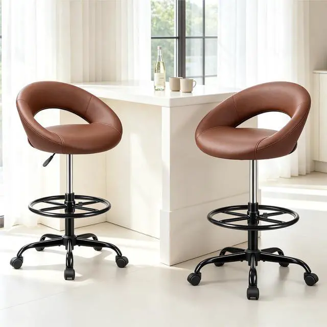 Main image of Rolling Bar Stool with Back & Footrest, Office Drafting Chair | PU Leather Chair with Wheels, Swivel Tall Counter Height Stool for Kitchen Island Salon Vanity Standing Desk, Brown, 2 Pack