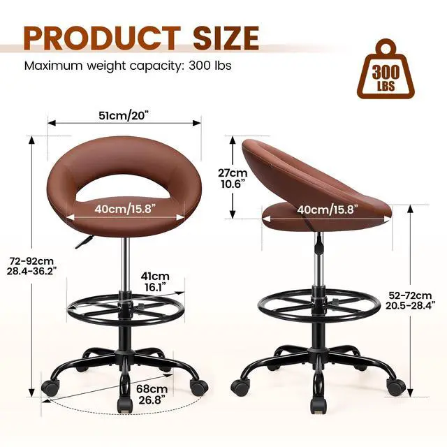 Alt view image 2 of 7 - Rolling Bar Stool with Back & Footrest, Office Drafting Chair | PU Leather Chair with Wheels, Swivel Tall Counter Height Stool for Kitchen Island Salon Vanity Standing Desk, Brown, 2 Pack