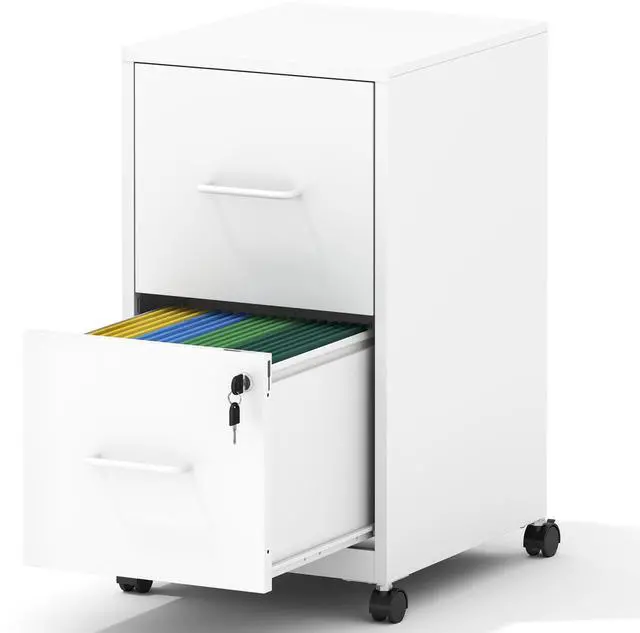 Main image of 2 Drawer Mobile File Cabinet, Metal Under Desk Filing Cabinet with Lock and Wheels, Home Office Rolling File Cabinet for Legal/Letter Hanging File Folders, Un-Assembled, White