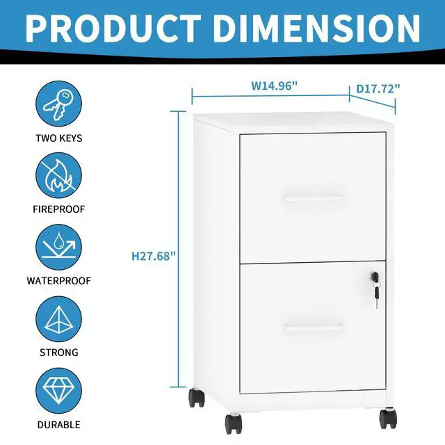 Alt view image 3 of 7 - 2 Drawer Mobile File Cabinet, Metal Under Desk Filing Cabinet with Lock and Wheels, Home Office Rolling File Cabinet for Legal/Letter Hanging File Folders, Un-Assembled, White