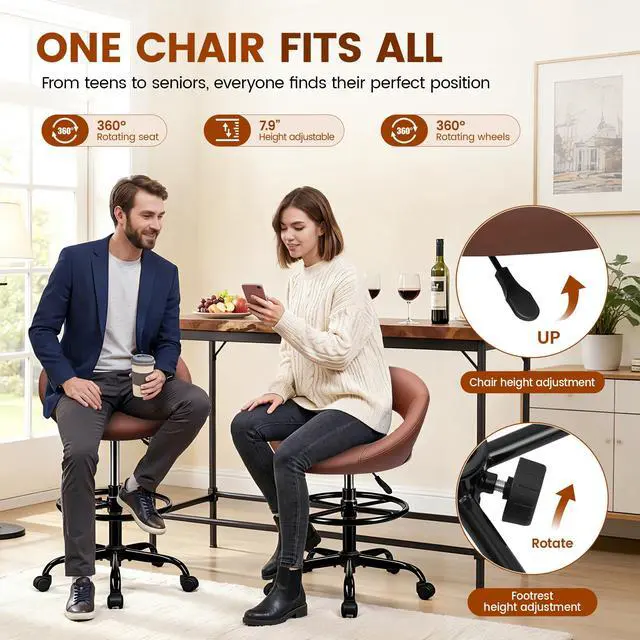 Alt view image 5 of 7 - Rolling Bar Stool with Back & Footrest, Office Drafting Chair | PU Leather Chair with Wheels, Swivel Tall Counter Height Stool for Kitchen Island Salon Vanity Standing Desk, Brown, 2 Pack