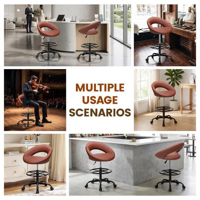 Alt view image 7 of 7 - Rolling Bar Stool with Back & Footrest, Office Drafting Chair | PU Leather Chair with Wheels, Swivel Tall Counter Height Stool for Kitchen Island Salon Vanity Standing Desk, Brown, 2 Pack
