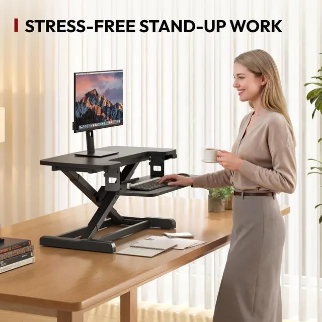Alt view image 4 of 7 - 32" Electric Standing Desk Converter,Height Adjustable Riser for Office Home, Monitor and Laptop Workstation with Large Keyboard Tray, Black Color