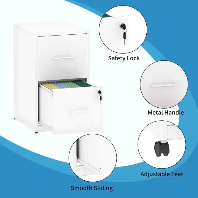 Alt view image 4 of 7 - 2 Drawer Mobile File Cabinet, Metal Under Desk Filing Cabinet with Lock and Wheels, Home Office Rolling File Cabinet for Legal/Letter Hanging File Folders, Un-Assembled, White