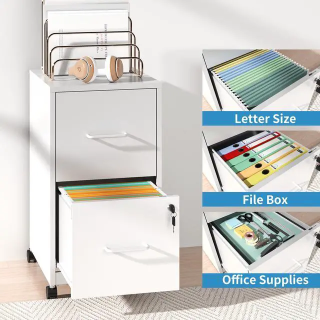 Alt view image 5 of 7 - 2 Drawer Mobile File Cabinet, Metal Under Desk Filing Cabinet with Lock and Wheels, Home Office Rolling File Cabinet for Legal/Letter Hanging File Folders, Un-Assembled, White