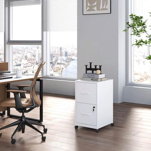 Alt view image 7 of 7 - 2 Drawer Mobile File Cabinet, Metal Under Desk Filing Cabinet with Lock and Wheels, Home Office Rolling File Cabinet for Legal/Letter Hanging File Folders, Un-Assembled, White