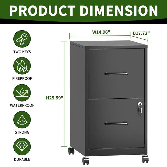 Alt view image 3 of 7 - 2 Drawer Mobile File Cabinet, Metal Under Desk Filing Cabinet with Lock and Wheels, Home Office Rolling File Cabinet for Legal/Letter Hanging File Folders, Un-Assembled, Black