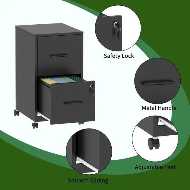 Alt view image 4 of 7 - 2 Drawer Mobile File Cabinet, Metal Under Desk Filing Cabinet with Lock and Wheels, Home Office Rolling File Cabinet for Legal/Letter Hanging File Folders, Un-Assembled, Black