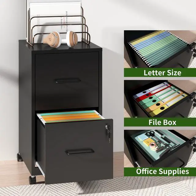 Alt view image 5 of 7 - 2 Drawer Mobile File Cabinet, Metal Under Desk Filing Cabinet with Lock and Wheels, Home Office Rolling File Cabinet for Legal/Letter Hanging File Folders, Un-Assembled, Black
