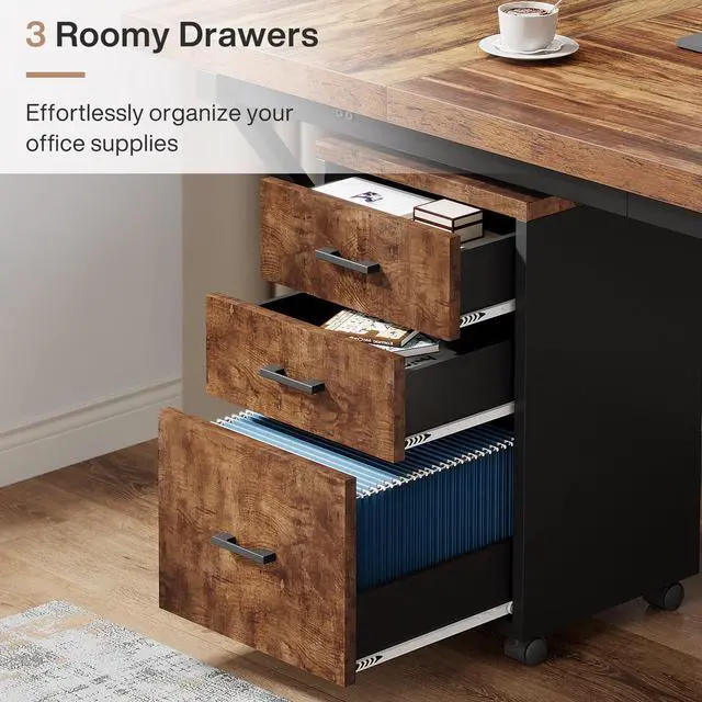 Alt view image 4 of 7 - Triebsigns 3 Drawer File Cabinet, Vertical Mobile Filing Cabinet, Under Desk Rolling Printer Stand for Home Office, fits A4 or Letter Size (Brown)